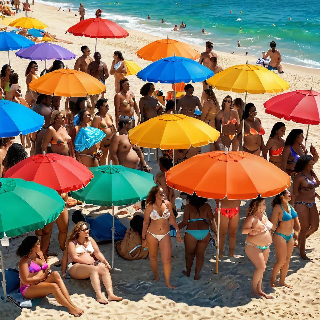 A joyful gathering of diverse individuals of all shapes and sizes enjoying a sunny beach, with bright smiles and a vibrant atmosphere, showcasing body positivity and acceptance. Colorful beach umbrellas and healthy snack stands in the background, highlighting the health benefits of a nudist lifestyle. Capture the essence of freedom and confidence in a sunlit environment. super-realistic. vibrant colors. 3D.