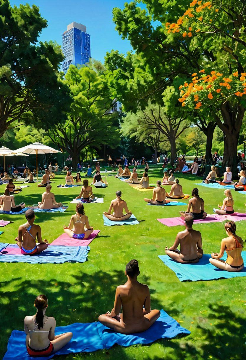 A vibrant scene depicting an urban nudist community enjoying a sunny day in a lush city park, surrounded by green trees, colorful flowers, and modern city buildings. People engaged in outdoor activities like yoga, picnics, and conversations, showcasing diversity and joy. The atmosphere radiates freedom and connection with nature, with a clear blue sky above. super-realistic. bright colors. lively and inviting.